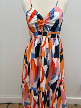 THML Abstract Spaghetti-Strap Maxi Dress in Orange, Pink, Blue, White, Black
